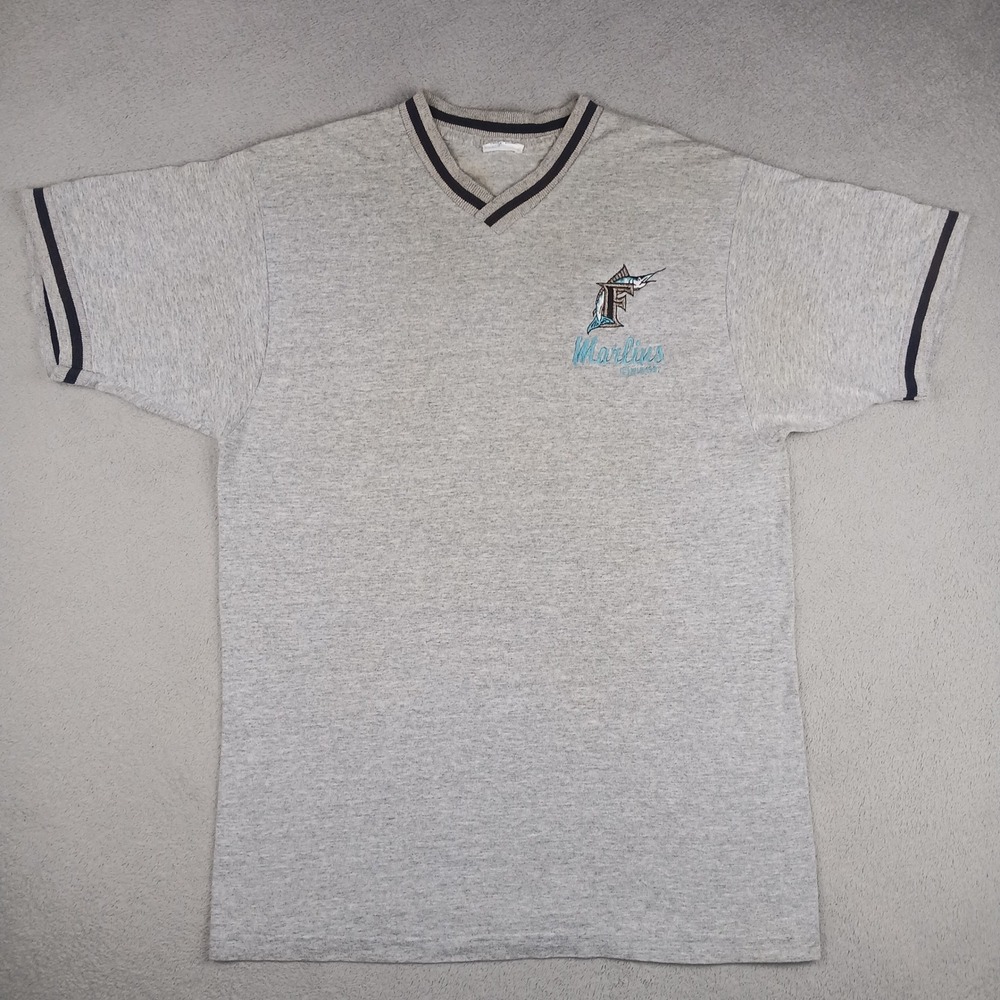 Vintage Florida Marlins T-Shirt Mens XL Gray MLB V-Neck Embroidered Pro Player